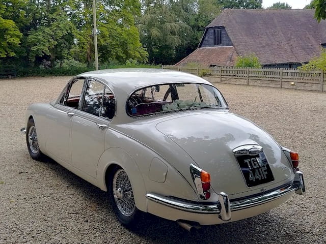 Rear view of classic Jaguar Mk2 wedding car